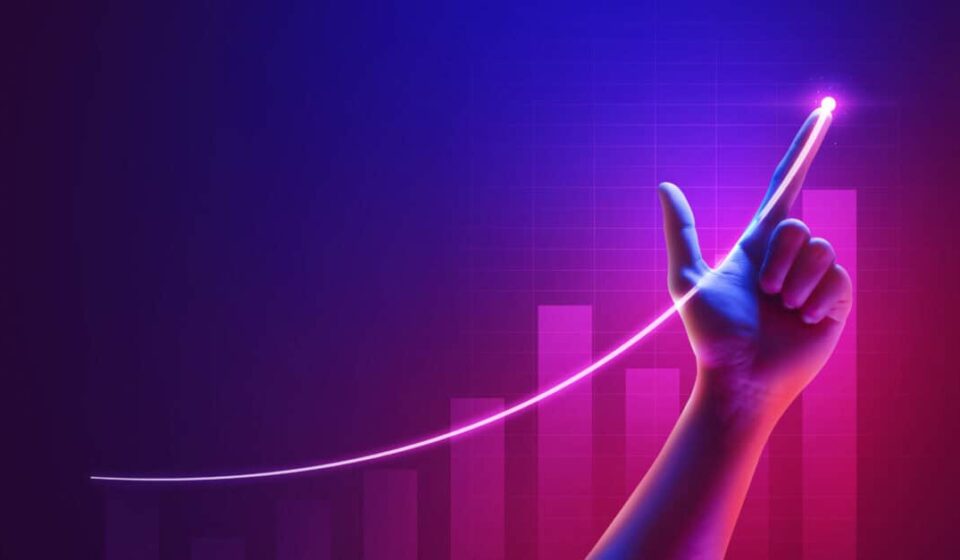 Business success of growth metaverse finance and investment profit graph concept or development analysis progress chart on financial market achievement strategy background with increase hand diagram