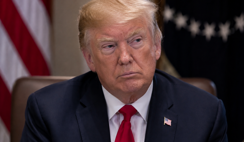 Donald Trump sits at a formal meeting table in a dark suit and red tie, with US flags blurred behind him.