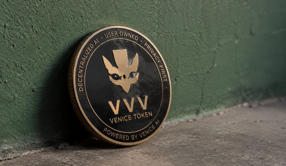 Venice Token VVV coin featuring decentralised AI and privacy branding.