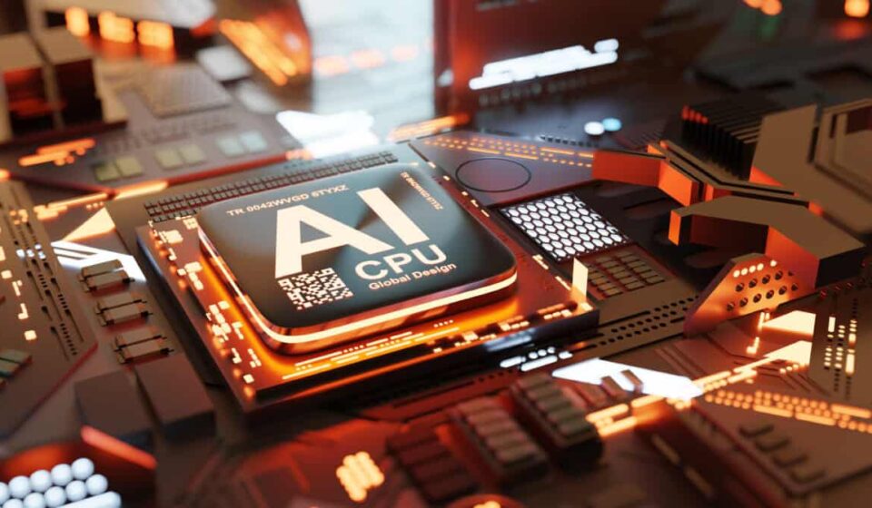 A microchip in a circuit board powers artificial intelligence.