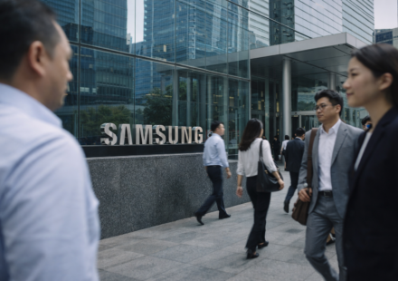 Samsung employees walk outside a modern corporate office building.