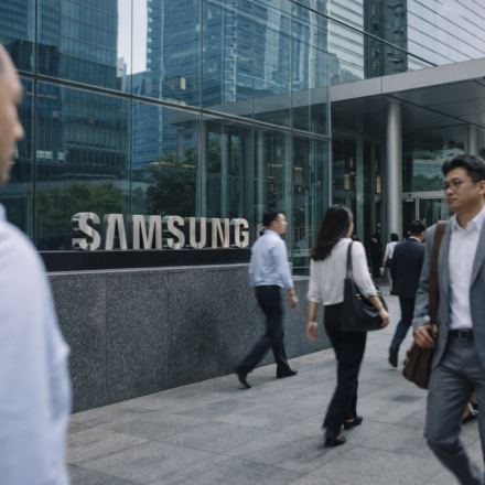 Samsung employees walk outside a modern corporate office building.