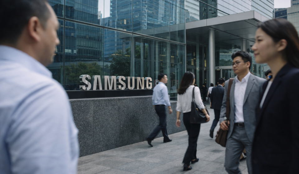 Samsung employees walk outside a modern corporate office building.