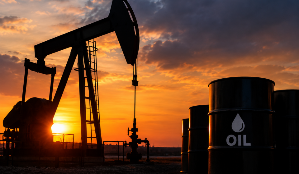 Sunset Pumpjack and Oil Barrels