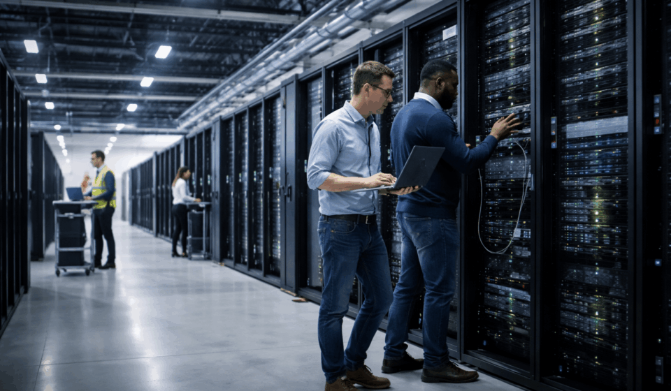 Experts checking Coreweave servers on data center