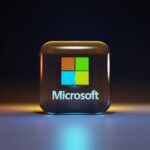 A glossy glass cube with the Microsoft logo on a dark surface