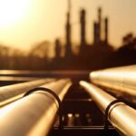 golden sunset in crude oil refinery with pipeline system